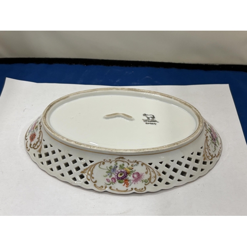 7 - A 19TH CENTURY DRESDEN HAND PAINTED FLORAL PIERCED RETICULATED OVAL BOWL