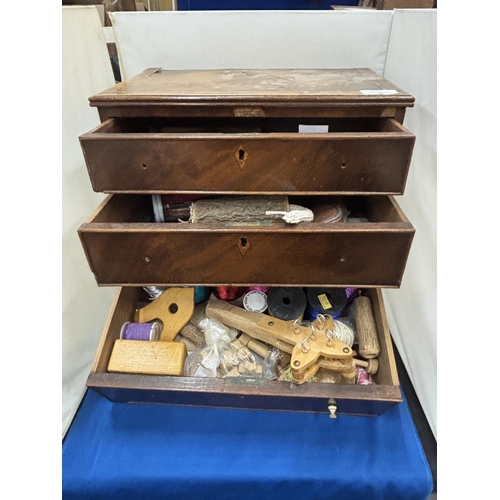 8 - A MID 19TH CENTURY MAHOGANY APPRENTICE CHEST OF THREE DRAWERS WITH SEWING CONTENTS