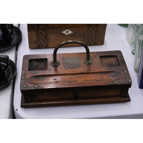 113 - A WALNUT INLAID  DOMED WORK BOX WITH GEOMETRIC MARQUETRY TOGETHER WITH AN ANTIQUE OAK AND BRASS VICT... 