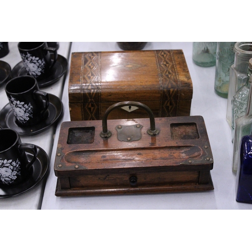 113 - A WALNUT INLAID  DOMED WORK BOX WITH GEOMETRIC MARQUETRY TOGETHER WITH AN ANTIQUE OAK AND BRASS VICT... 