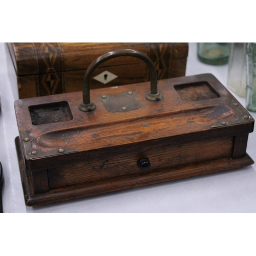 113 - A WALNUT INLAID  DOMED WORK BOX WITH GEOMETRIC MARQUETRY TOGETHER WITH AN ANTIQUE OAK AND BRASS VICT... 