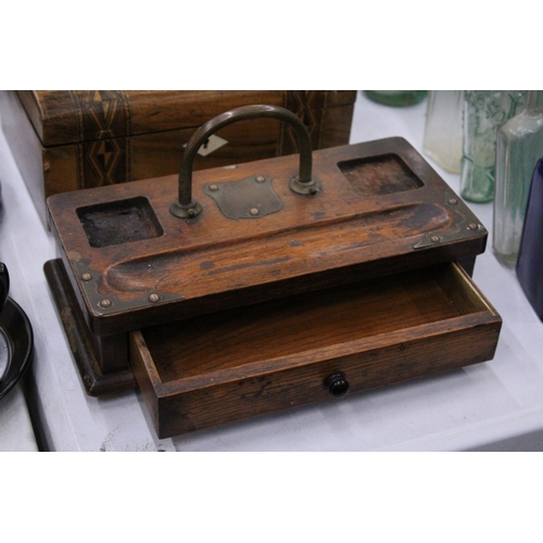 113 - A WALNUT INLAID  DOMED WORK BOX WITH GEOMETRIC MARQUETRY TOGETHER WITH AN ANTIQUE OAK AND BRASS VICT... 