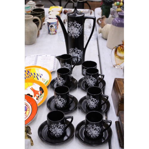 114 - A PORTMERION BLACK WITH FLORAL BOUQUET COFFEE SET