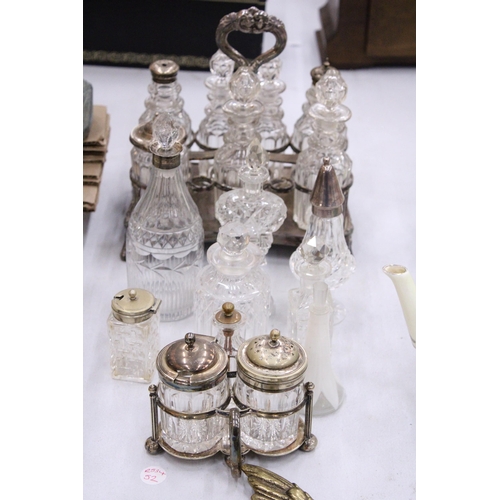 120 - A COLLECTION OF GLASS SCENT BOTTLES, TWO CRUET SETS, ETC.,