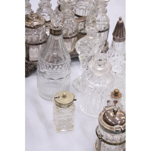 120 - A COLLECTION OF GLASS SCENT BOTTLES, TWO CRUET SETS, ETC.,