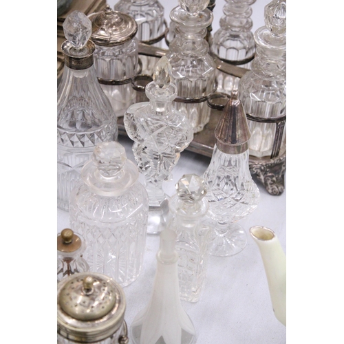 120 - A COLLECTION OF GLASS SCENT BOTTLES, TWO CRUET SETS, ETC.,