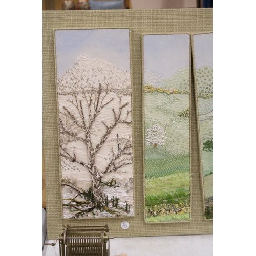 14 - FOUR HAND EMBROIDERED PANELS OF TREES AND THE COUNTRYSIDE