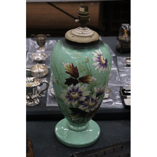 158 - A VICTORIAN HANDPAINTED FLORAL LAMP BASE, HEIGHT 35CM