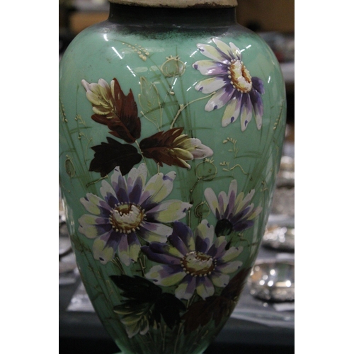 158 - A VICTORIAN HANDPAINTED FLORAL LAMP BASE, HEIGHT 35CM