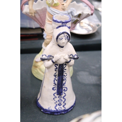 163 - A PAIR OF DELFT STYLE CANDLESTICKS PLUS TWO CONTINENTAL STYLE LADY FIGURES