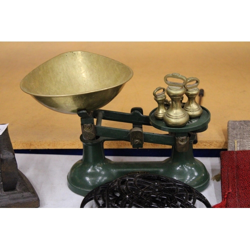 24 - A SET OF VINTAGE CAST 'FREDERICK HILL AND CO. TRUSTWORTHY' SCALES WITH BELL WEIGHTS PLUS TWO TRIVETS