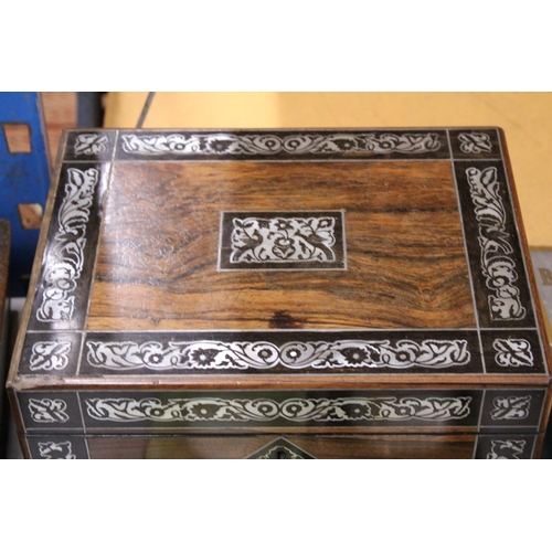 30 - A ROSEWOOD AND MOTHER OF PEARL INLAID STATIONERY BOX - MISSING THE LOCK, HEIGHT 18CM, WIDTH 30CM, DE... 