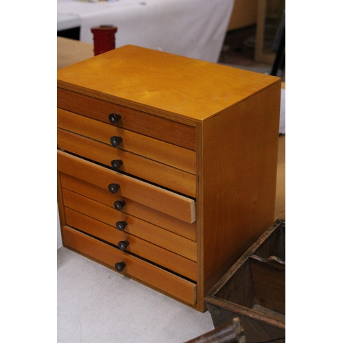 34 - A VINTAGE EIGHT DRAWER WOODEN HABERDASHERY CABINET, HEIGHT 32CM, WIDTH 31CM, DEPTH 21CM