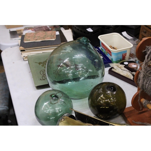 37 - TWO SMALL AND ONE LARGE VINTAGE GLASS FLOATS/BUOYS