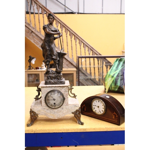 52 - A POSSIBLY FRENCH MARBLE MANTLE WITH A SPELTER FIGURE OF A BLACKSMITH ON TOP, HEIGHT 58CM PLUS AN IN... 