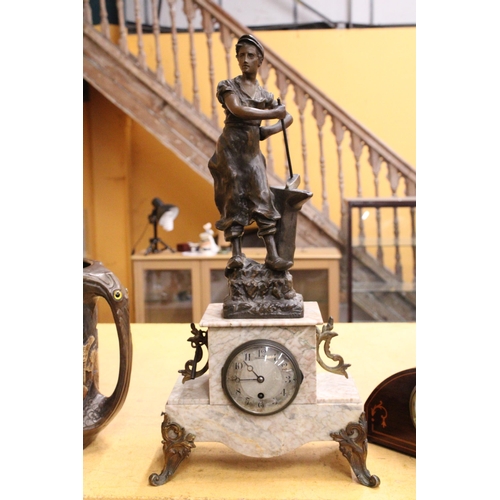 52 - A POSSIBLY FRENCH MARBLE MANTLE WITH A SPELTER FIGURE OF A BLACKSMITH ON TOP, HEIGHT 58CM PLUS AN IN... 