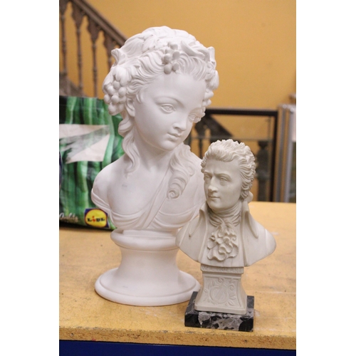 54 - TWO HEAVY BUSTS TO INCLUDE A LADY, HEIGHT 38CM PLUS A BUST OF MOZART, HEIGHT 27CM