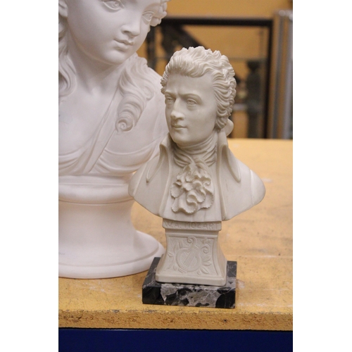 54 - TWO HEAVY BUSTS TO INCLUDE A LADY, HEIGHT 38CM PLUS A BUST OF MOZART, HEIGHT 27CM