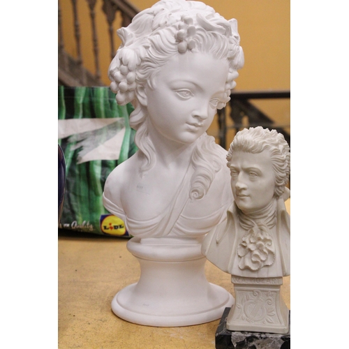 54 - TWO HEAVY BUSTS TO INCLUDE A LADY, HEIGHT 38CM PLUS A BUST OF MOZART, HEIGHT 27CM