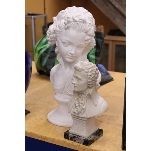 54 - TWO HEAVY BUSTS TO INCLUDE A LADY, HEIGHT 38CM PLUS A BUST OF MOZART, HEIGHT 27CM