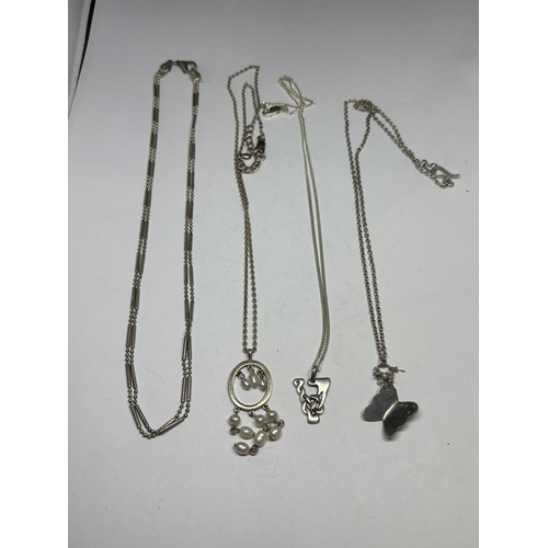 685 - FOUR MARKED SILVER NECKLACES TO INCLUDE THREE WITH PENDANTS AND A DOUBLE STRAND