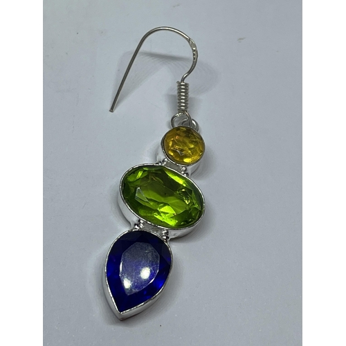 716 - A PAIR OF MARKED 925 SILVER AND YELLOW/GREEN/BLUE STONE EARRINGS IN A PRESENTATION BOX