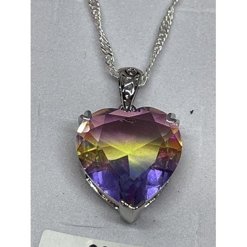 720 - A MARKED 925 SILVER NECKLACE WITH HEART SHAPED MULTI TOURMALINE PENDANT IN A PRESENTATION BOX