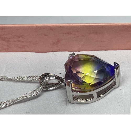 720 - A MARKED 925 SILVER NECKLACE WITH HEART SHAPED MULTI TOURMALINE PENDANT IN A PRESENTATION BOX