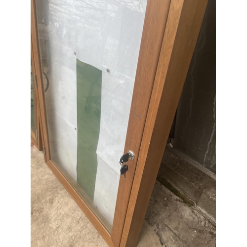 1503 - A TEAK FRAMED GLASS FRONTED WALL DISPLAY CASE WITH KEY