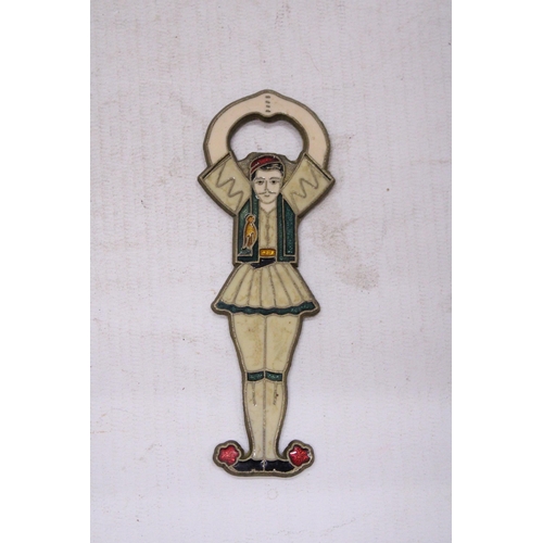 196 - A VINTAGE GREEK BRONZE AND ENAMEL BOTTLE OPENER