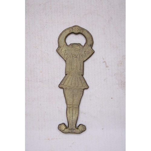 196 - A VINTAGE GREEK BRONZE AND ENAMEL BOTTLE OPENER