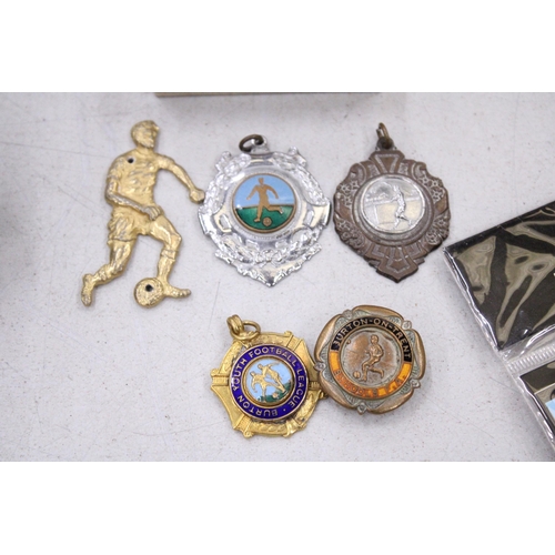 198 - FIVE FOOTBALL THEMED MEDALLIONS/FOBS