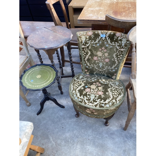 2703 - A BEDROOM CHAIR ON CABRIOLE LEGS, TRIPOD WINE TABLE AND AN OAK BARLEY TWIST OCCASIONAL TABLE