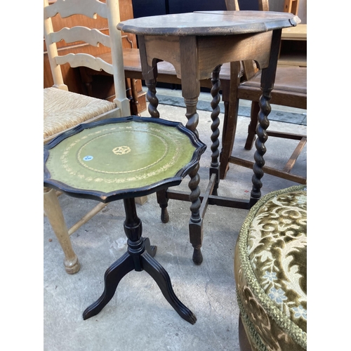 2703 - A BEDROOM CHAIR ON CABRIOLE LEGS, TRIPOD WINE TABLE AND AN OAK BARLEY TWIST OCCASIONAL TABLE