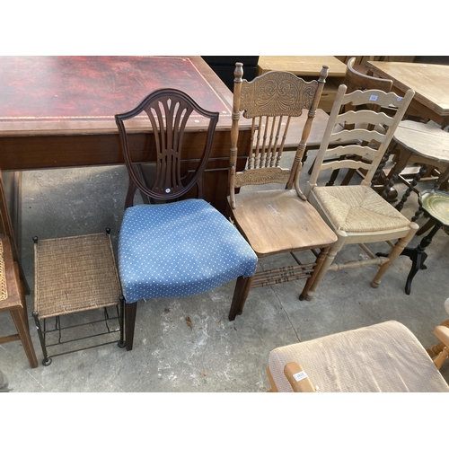 2704 - THREE VARIOUS DINING CHAIRS AND METAL/WICKER SIX BOTTLE WINE TABLE