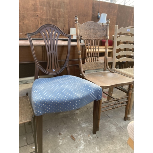 2704 - THREE VARIOUS DINING CHAIRS AND METAL/WICKER SIX BOTTLE WINE TABLE