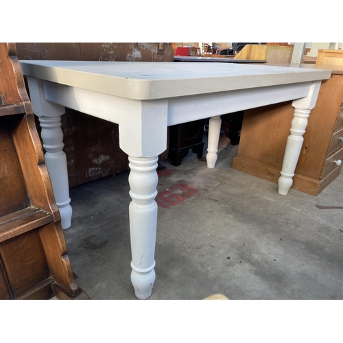 2717 - A PAINTED PINE VICTORIAN STYLE KITCHEN TABLE ON TURNED LEGS, 54