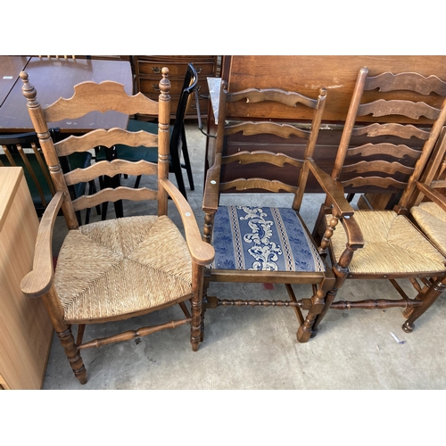 2719 - THREE BEECH RUSH SEATED DINING CHAIRS AND THREE VARIOUS CARVER CHAIRS