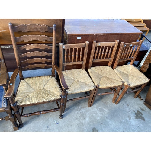 2719 - THREE BEECH RUSH SEATED DINING CHAIRS AND THREE VARIOUS CARVER CHAIRS