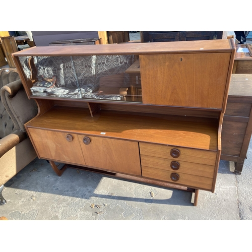 2741 - A RETRO TEAK SIDEBOARD/COCKTAIL CABINET WITH GLASS SLIDING DOORS, TWO CUPBOARDS AND THREE DRAWERS, 6... 