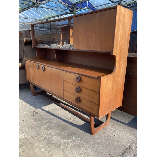 2741 - A RETRO TEAK SIDEBOARD/COCKTAIL CABINET WITH GLASS SLIDING DOORS, TWO CUPBOARDS AND THREE DRAWERS, 6... 