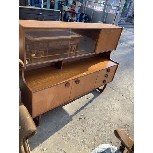 2741 - A RETRO TEAK SIDEBOARD/COCKTAIL CABINET WITH GLASS SLIDING DOORS, TWO CUPBOARDS AND THREE DRAWERS, 6... 