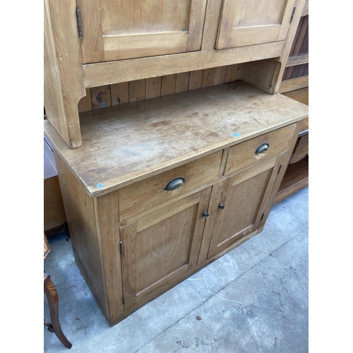 2750 - A VICTORIAN STYLE PINE KITCHEN DRESSER WITH FOUR CUPBOARDS AND TWO DRAWERS WITH SCOOP HANDLES, 47.5