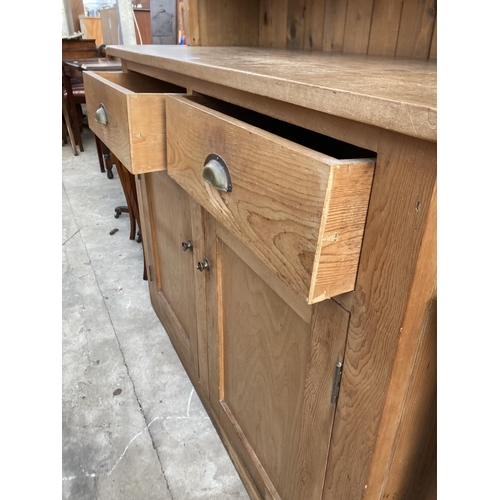 2750 - A VICTORIAN STYLE PINE KITCHEN DRESSER WITH FOUR CUPBOARDS AND TWO DRAWERS WITH SCOOP HANDLES, 47.5