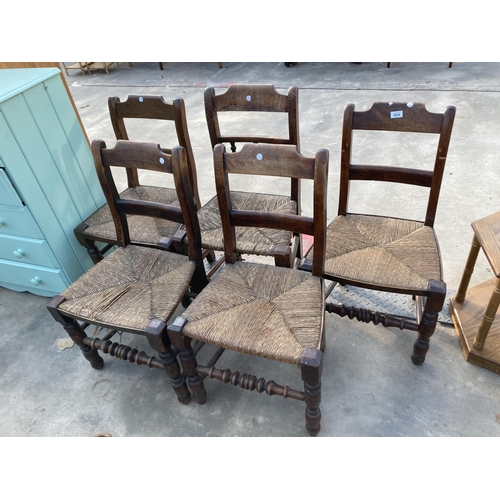 2854 - A SET OF FOUR 19TH CENTURY CHAIRS WITH RUSH SEASTS AND ONE SIMILAR CHAIR