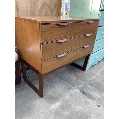 2856 - A RETRO TEAK CHEST OF THREE DRAWERS, 29.5