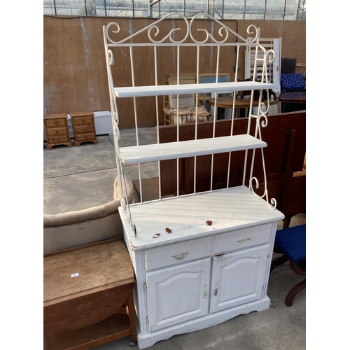 2860 - A SHABBY CHIC PAINTED SIDEBOARD WITH SCROLL METALWARE FRAMED RACK, 37.5