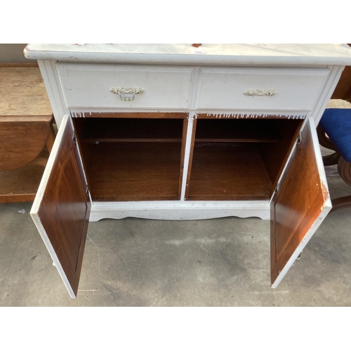 2860 - A SHABBY CHIC PAINTED SIDEBOARD WITH SCROLL METALWARE FRAMED RACK, 37.5