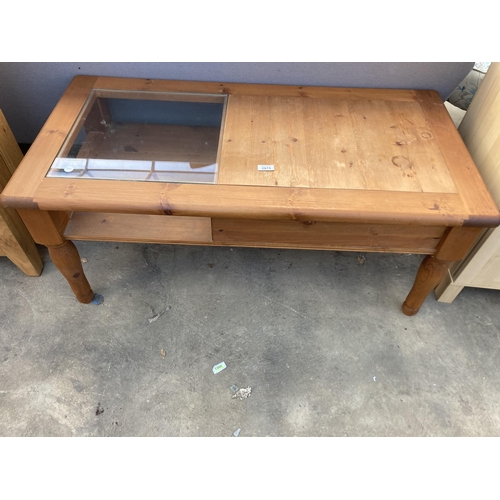 2875 - A PINE COFFEE TABLE WITH PARTIALLY GLAZED TOP AND SINGLE END DRAWER