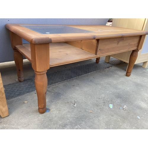 2875 - A PINE COFFEE TABLE WITH PARTIALLY GLAZED TOP AND SINGLE END DRAWER